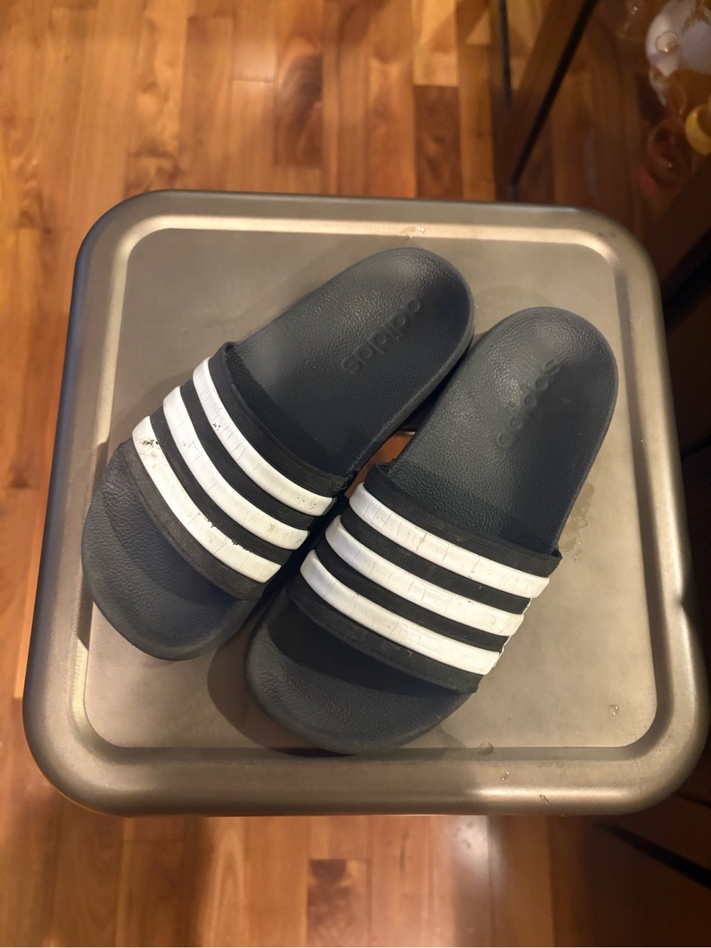 adidas Kids Black & White Slide Sandals with Three Stripes